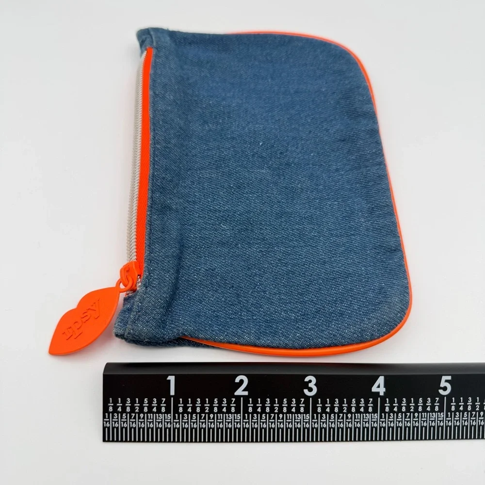 Ipsy Denim Makeup Bag Cosmetic Pouch Orange Lining‎ Zipper Glam Bag